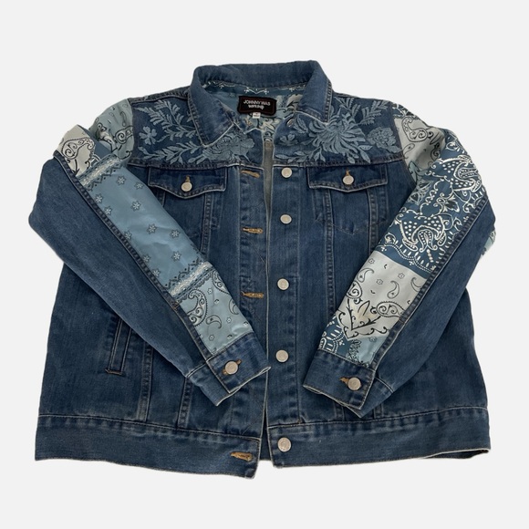 Johnny Was Workshop Bandana Patched Denim Jean Jacket Embroidered Silk Medium - Picture 5 of 13